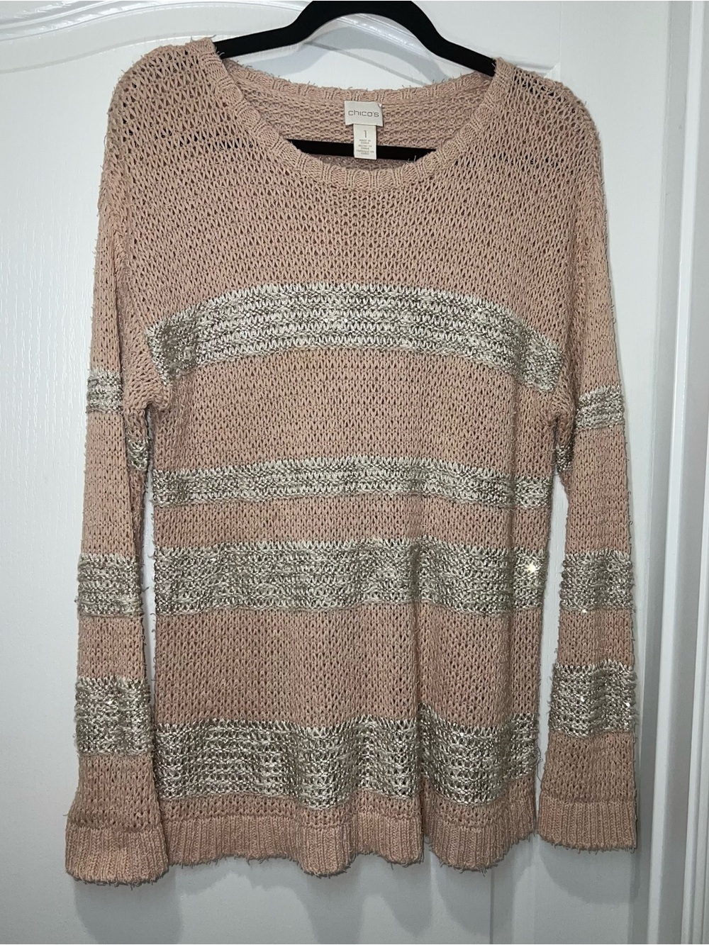 Chico’s Sparkle Stripe Marley Pullover Sweater ¾ Sleeve Paris Pink Womens Size 1